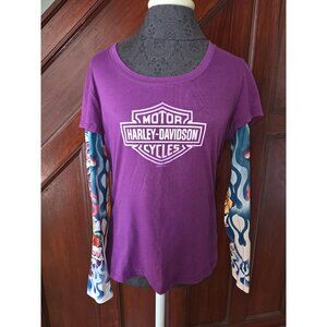 Harley-Davidson Womens Long Sleeve Tattoo Print Shirt L Purple